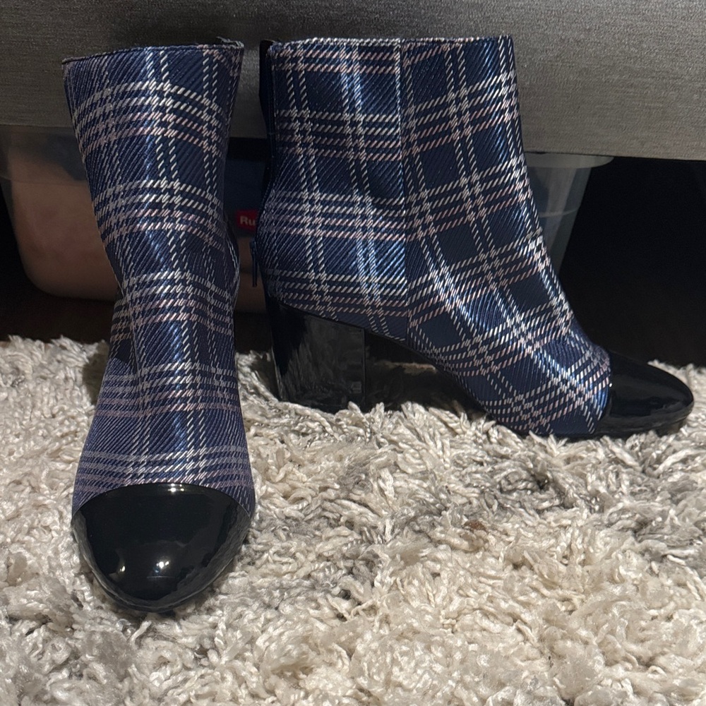 1901 Blue Plaid Ankle Boots with Black Toe